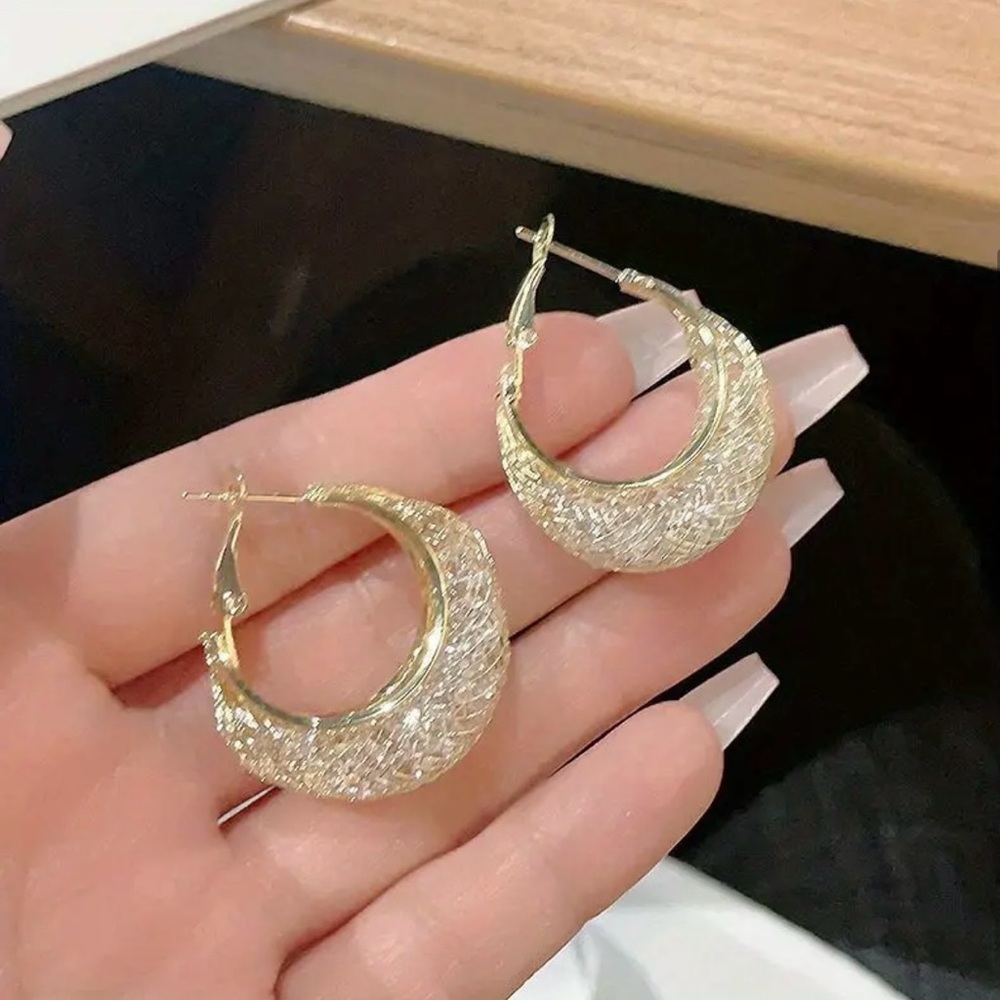 Sparkling Golden Alloy Hoop Earrings - Picture 3 of 6